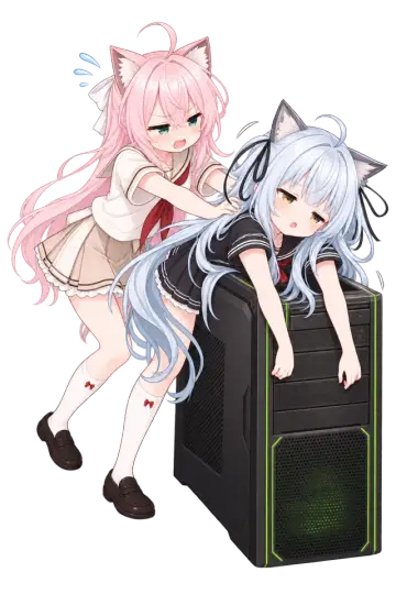 PCケースの上にぐったりもたれかかるEbyroidを、はなこが揺すって起こそうとしている