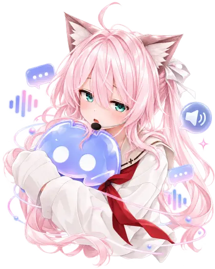 Discordのマスコットを抱きしめてヘッドセットで話すはなこ。桃色の髪と猫耳、白い制服が特徴のキャラクター