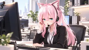 ヘッドセットで電話に応対するはなこ